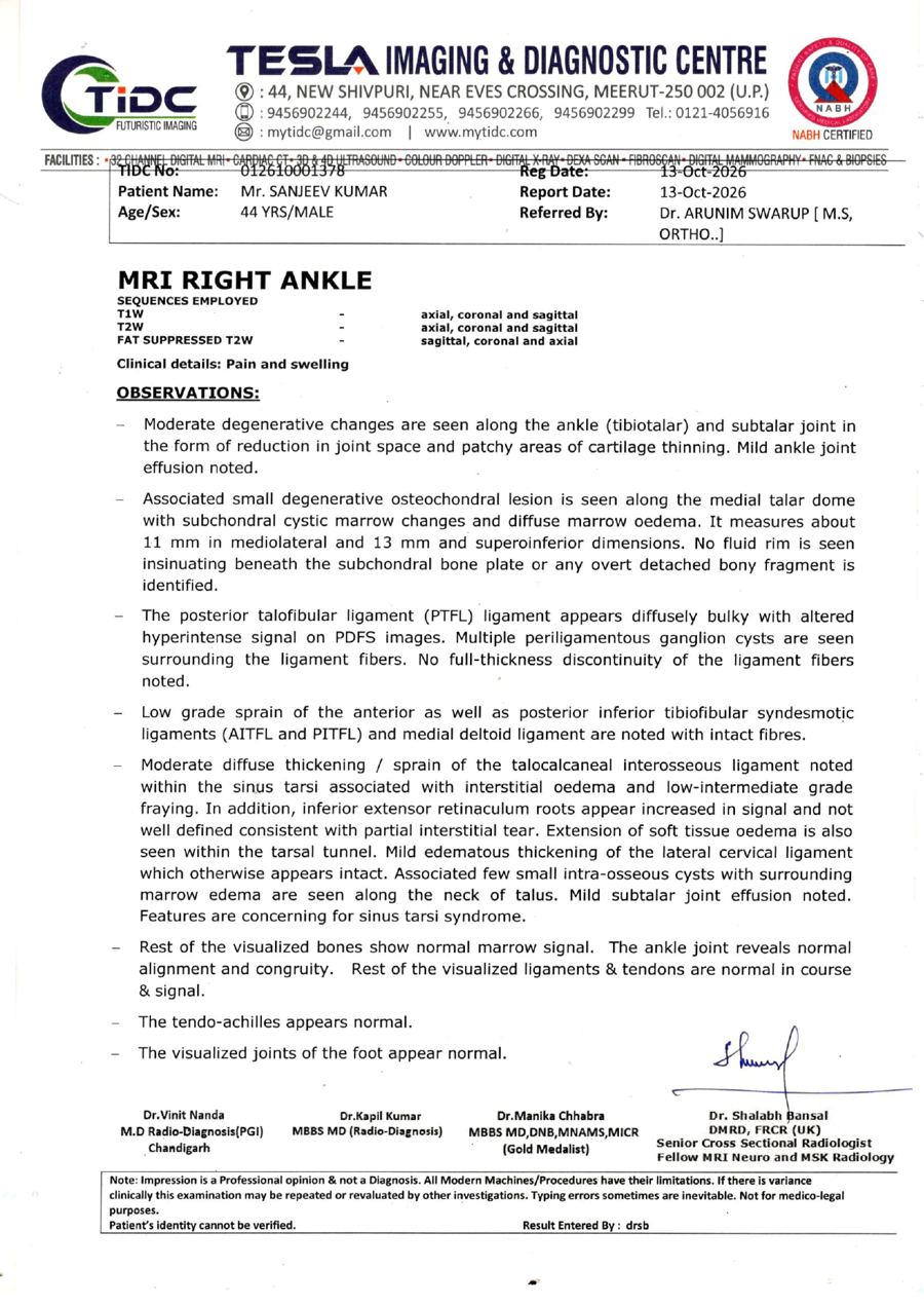 MRI right ankle report 13 Oct 2026 page 1, Tesla Imaging