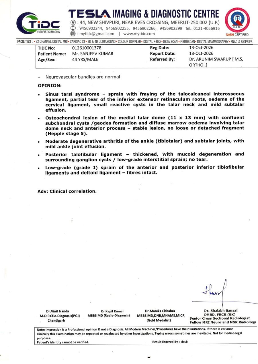 MRI right ankle report 13 Oct 2026 page 2, opinion