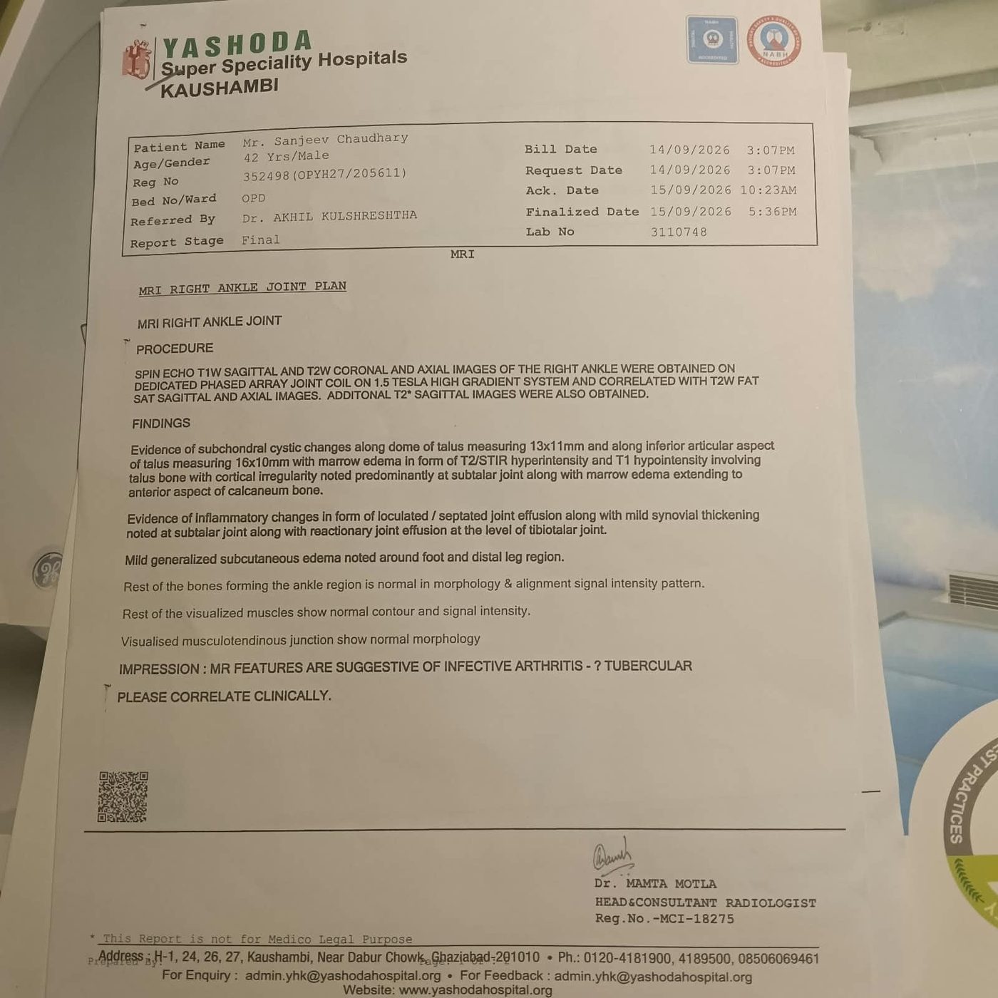 MRI written report — Right ankle, Lab 3110748